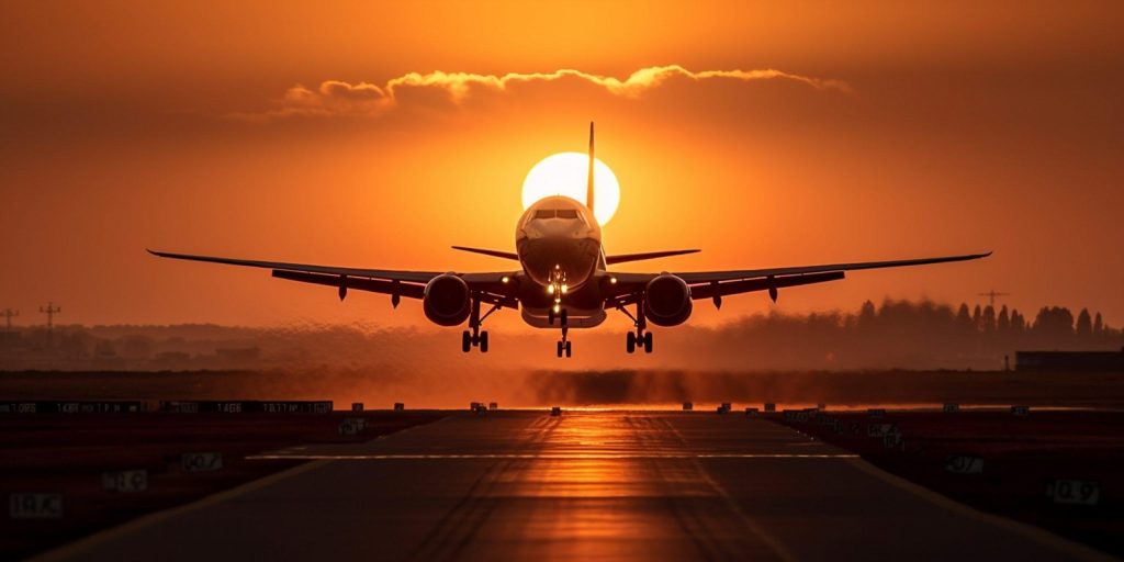 silhouette air plane landing illuminated track sunset with beautiful red sky sun background scaled 1