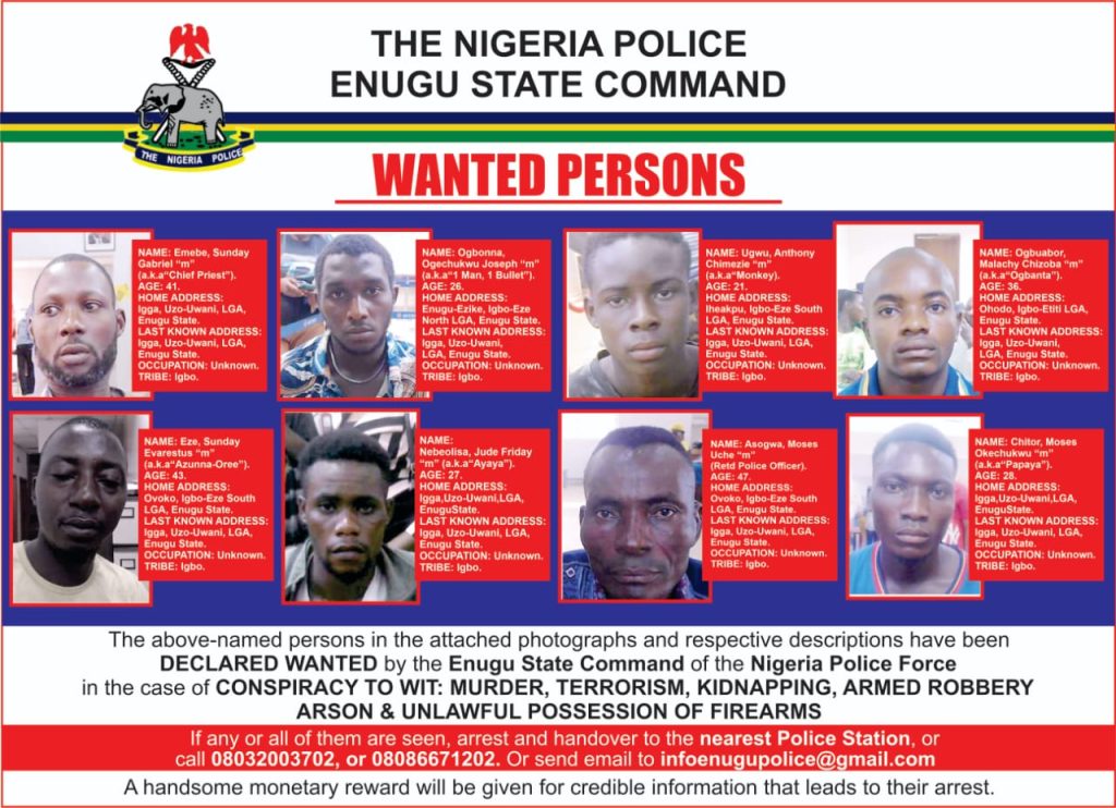 Enugu Police Declare 8 Persons Wanted