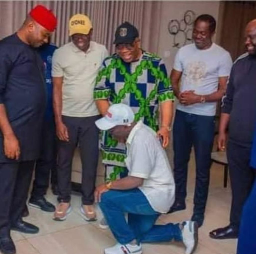 The incoming Governor of Edo State Monday Okpebholo kneeling down to thank the Senate President Godswill Akpabio