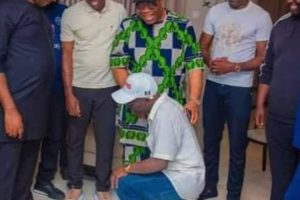 The incoming Governor of Edo State Monday Okpebholo kneeling down to thank the Senate President Godswill Akpabio