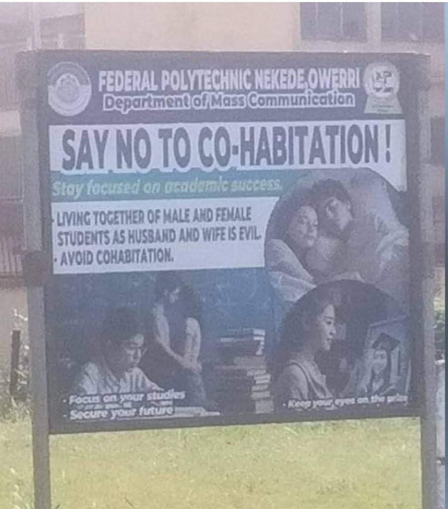 Billboard spotted at Imo poly advises students against cohabitation